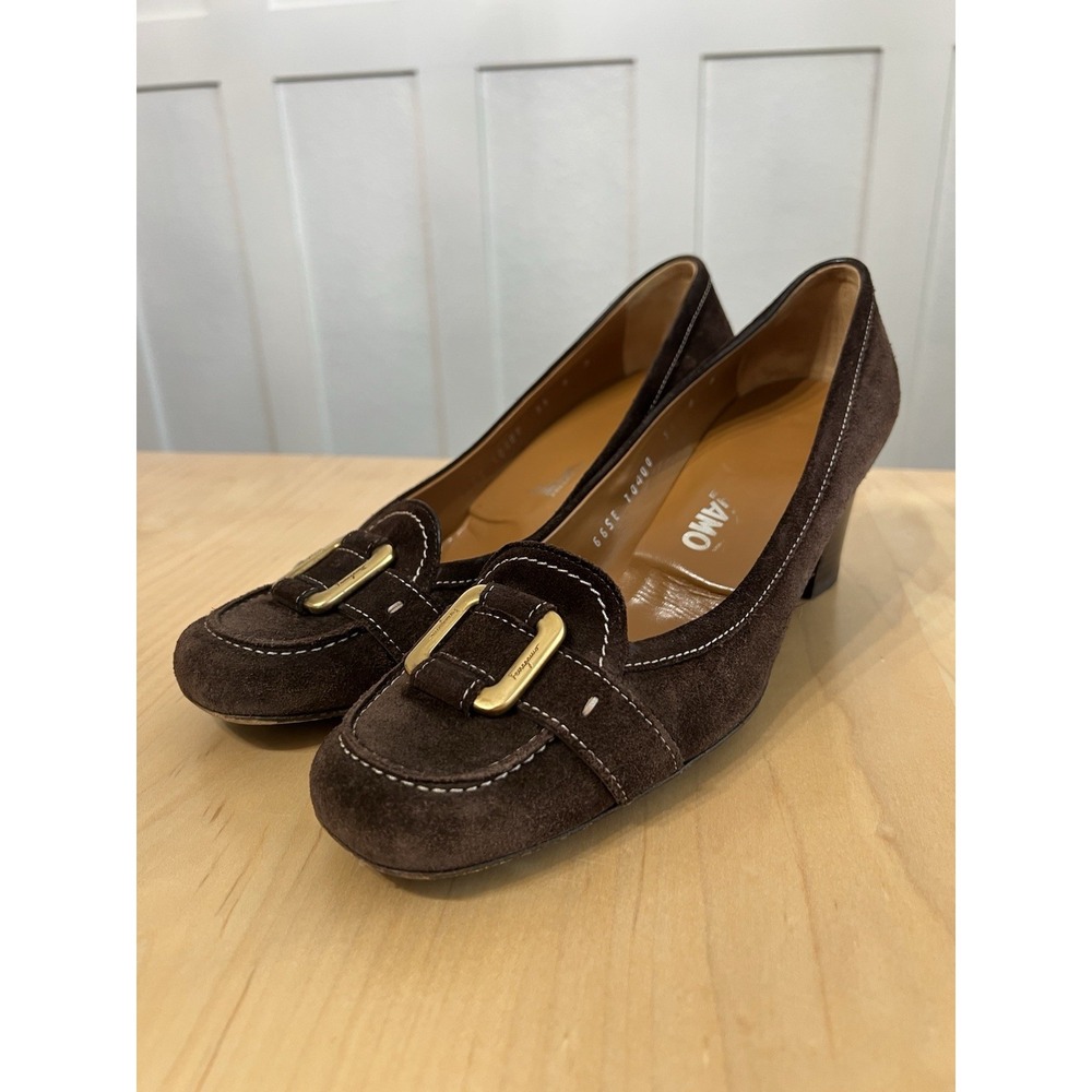 Salvatore Ferragamo Brown Suede Block Heel Gancio Square Toe Pumps Womens 8 B